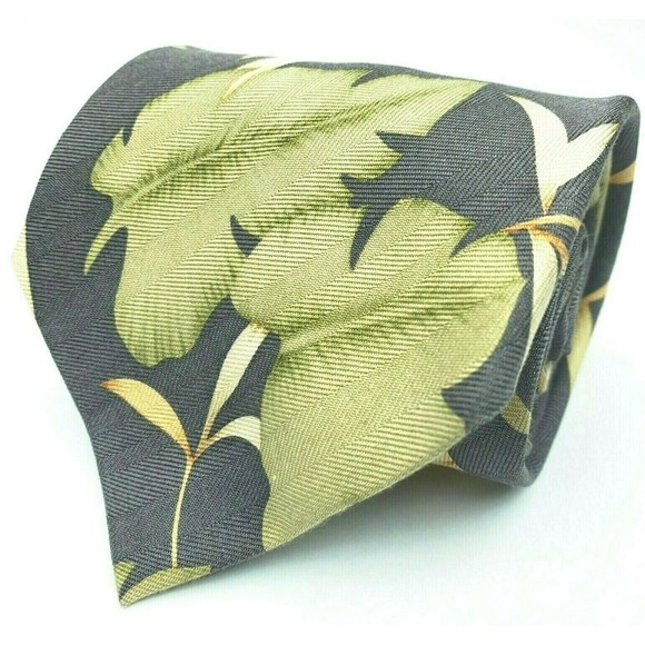 TOMMY BAHAMA Tie Gray Green Leaves Bamboo 100% Silk Hand Made Mens Necktie - Picture 1 of 11